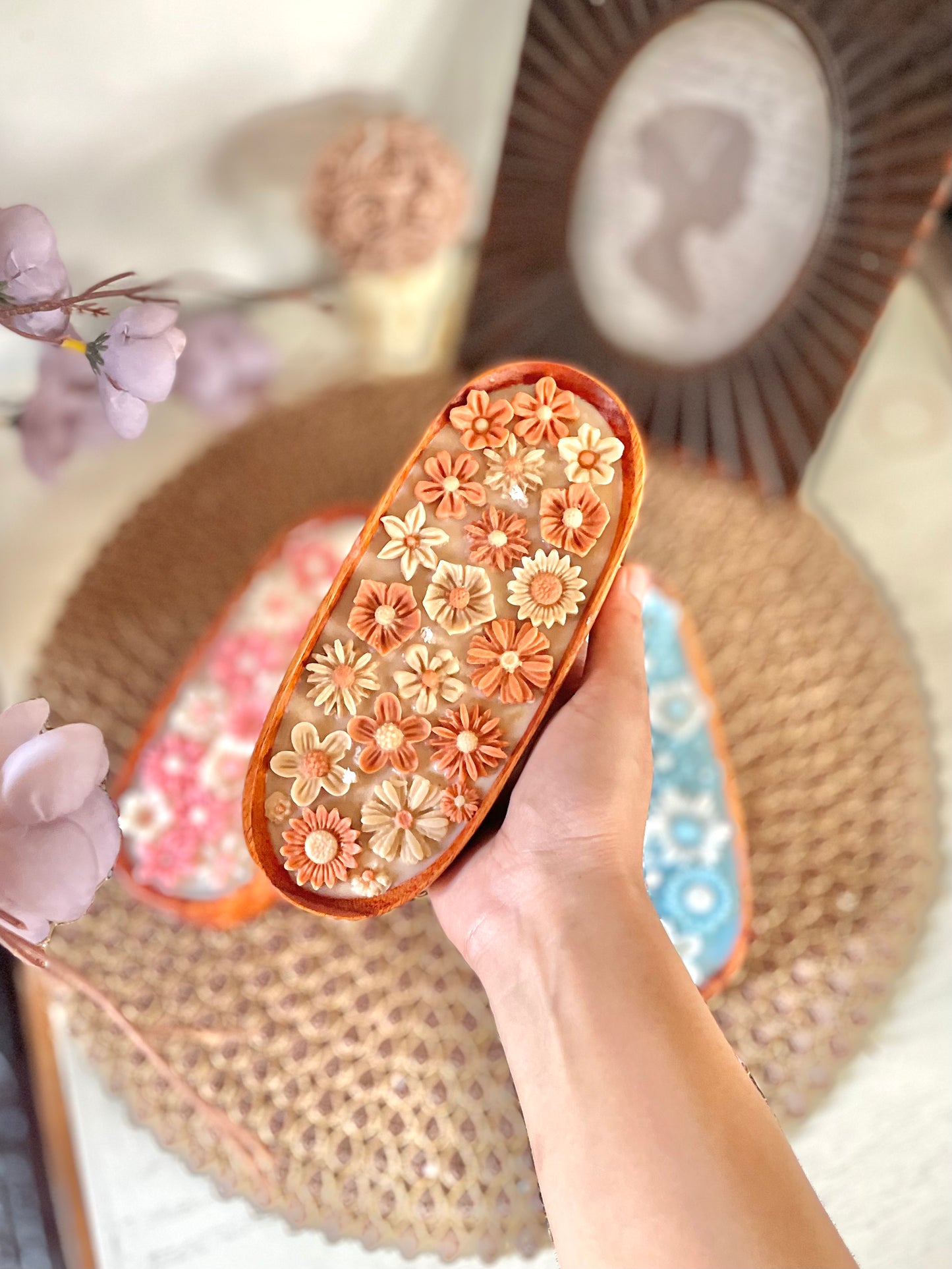 wood bowl floral candle