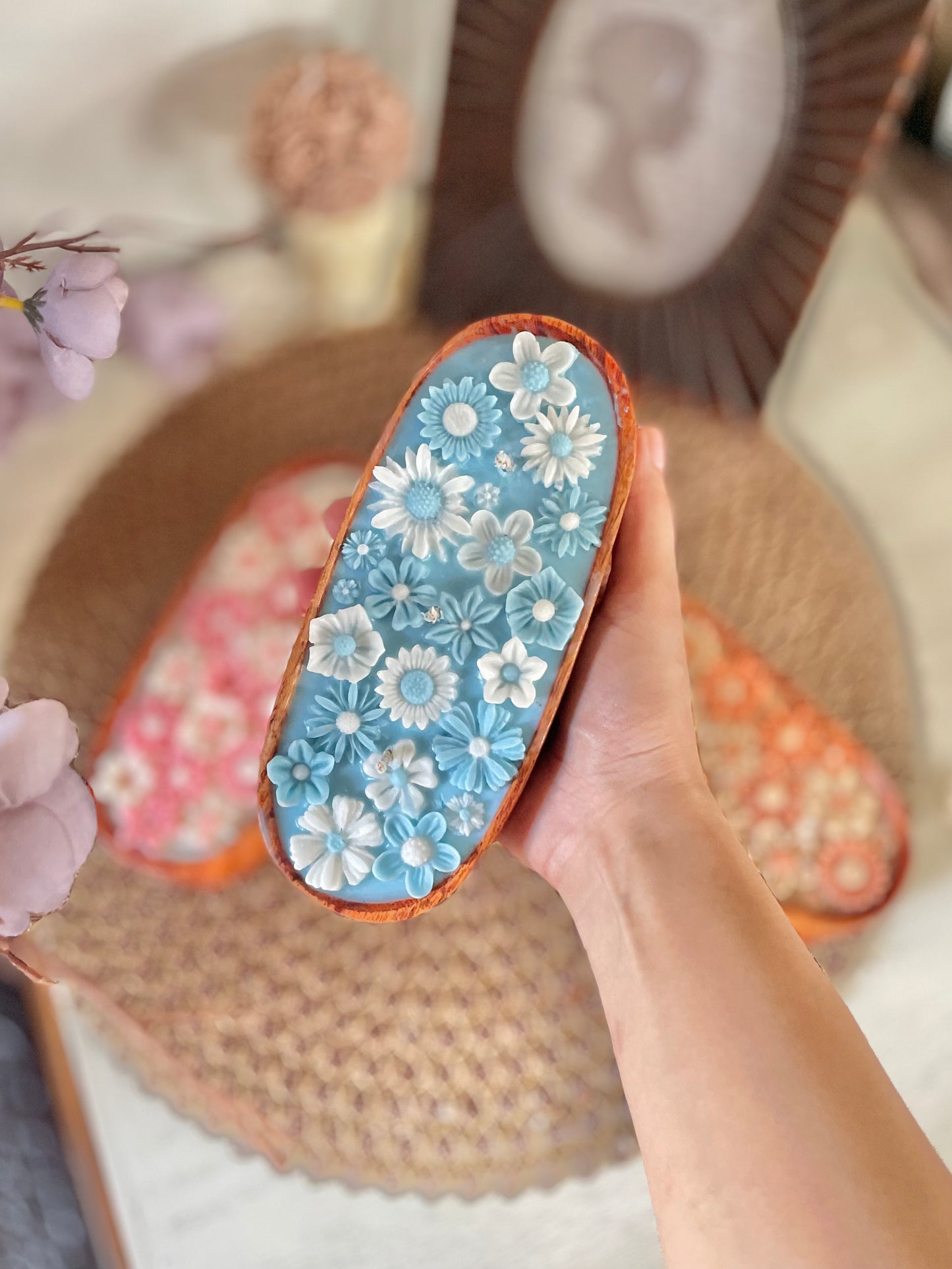 wood bowl floral candle