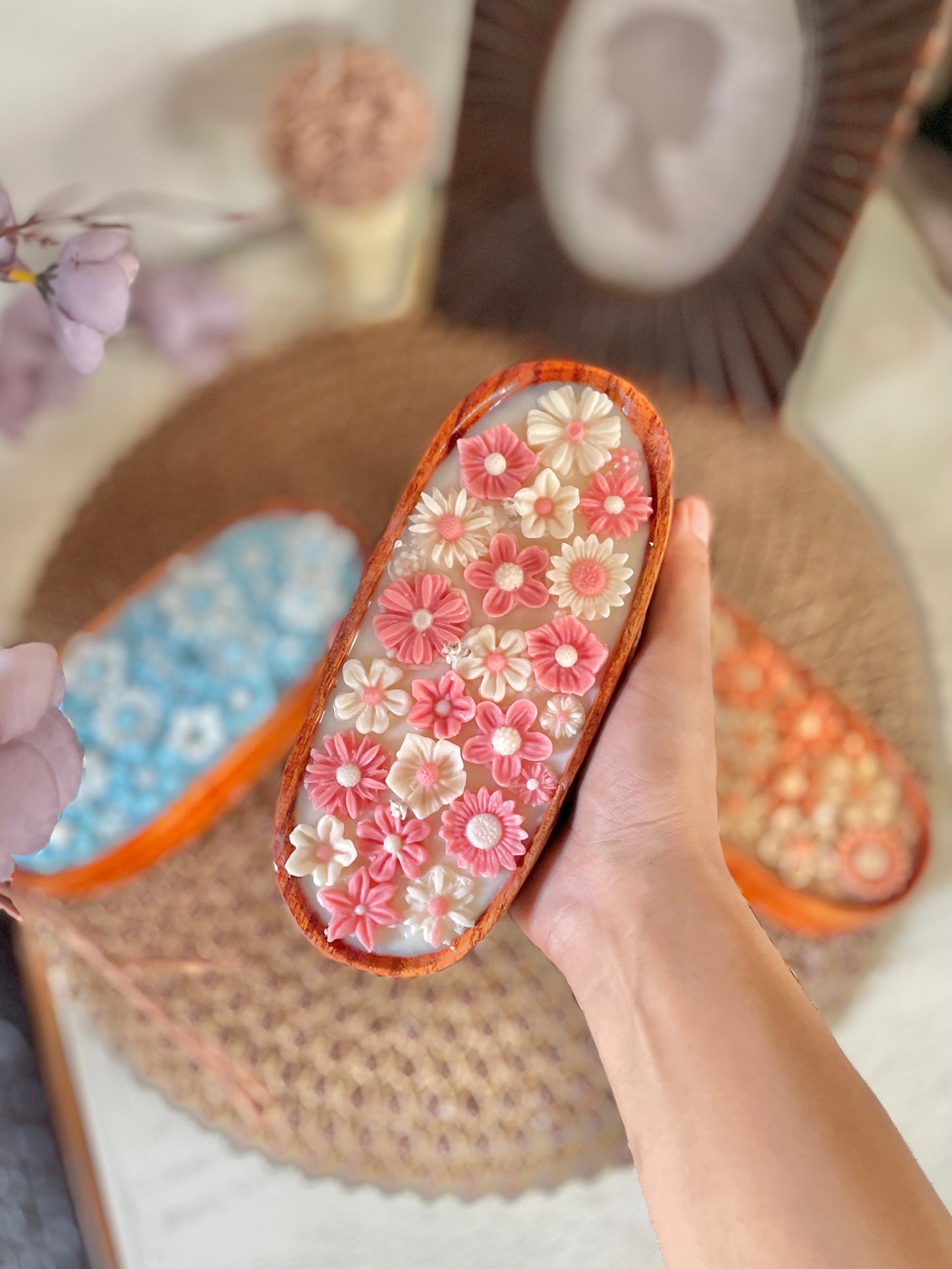 wood bowl floral candle